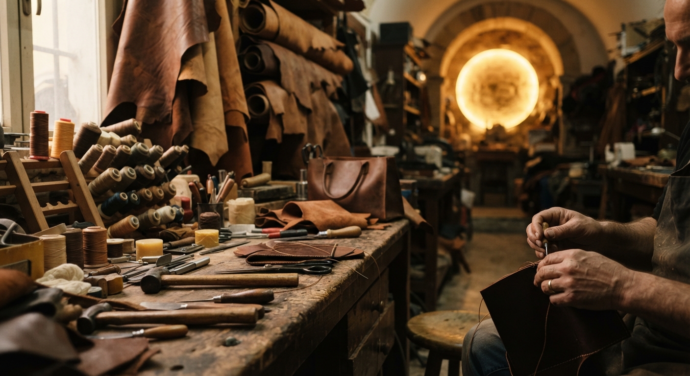 Artigiano al lavoro in un laboratorio di pelletteria artigianale a Napoli